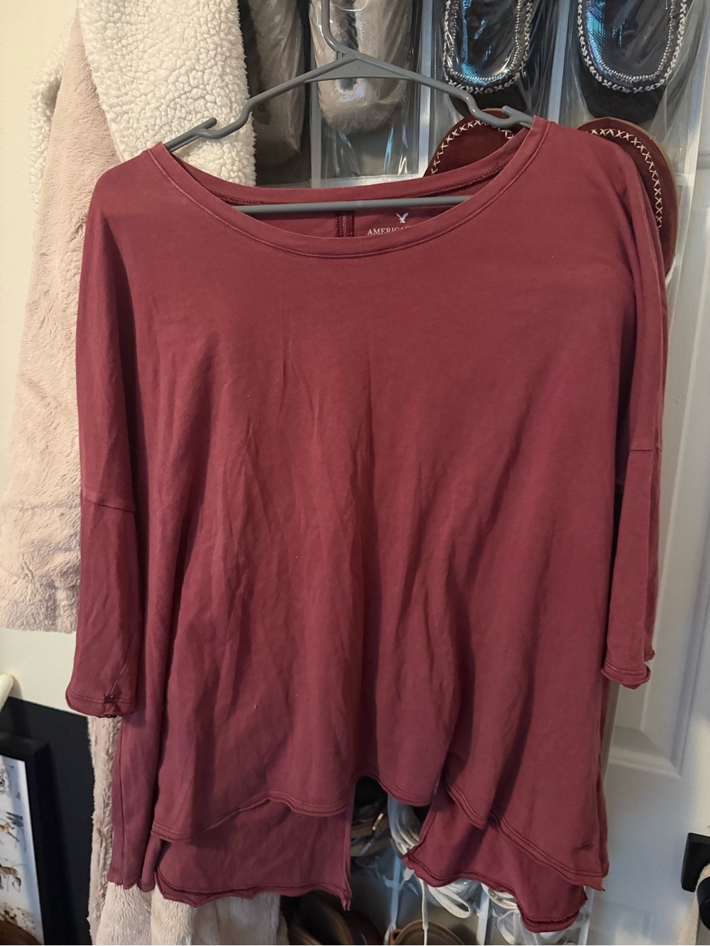 American Eagle Outfitters Women's Layered Hem Long Sleeve Top - Wine
